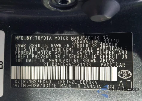 2010 Toyota Corolla Le from USA, damaged, VIN 2T1BU4EE4AC531136